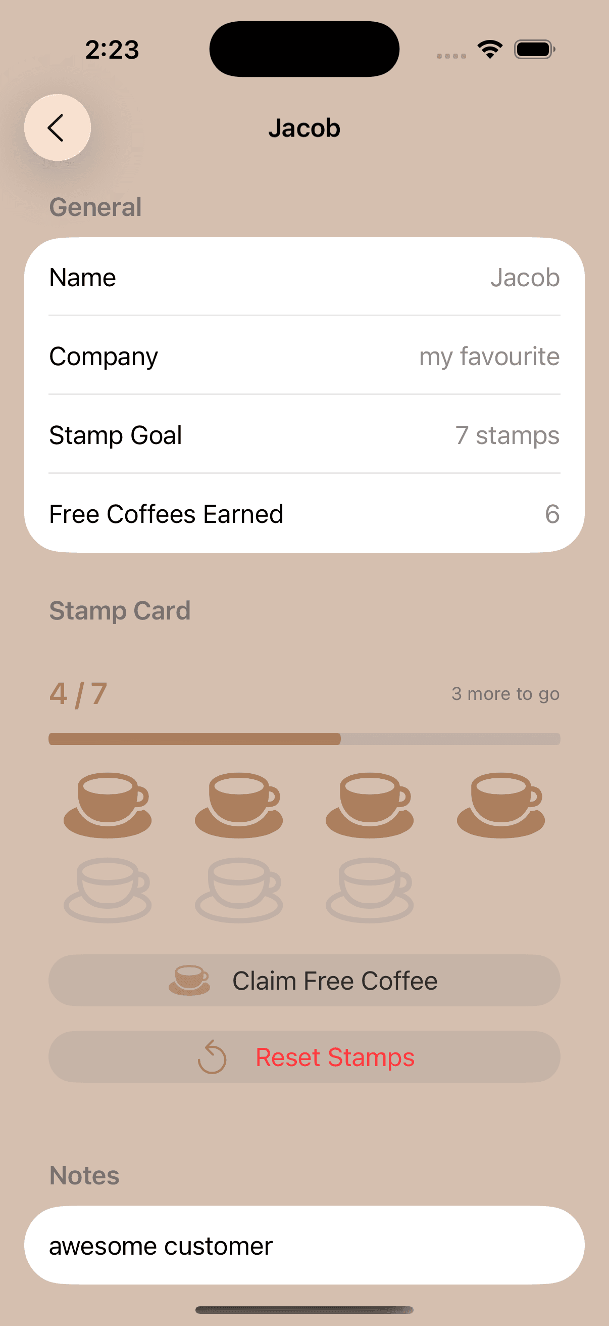 Card detail with stamp progress